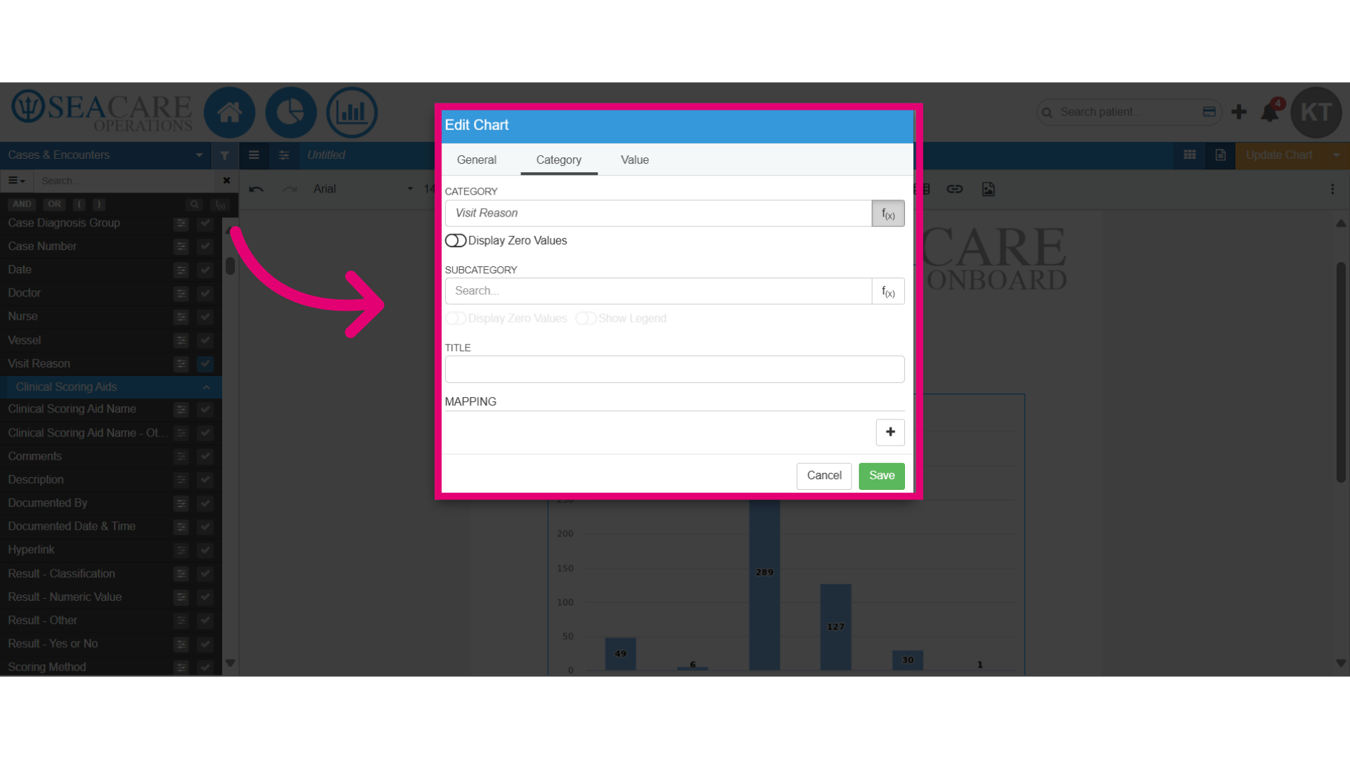 View the editing options for the category tab