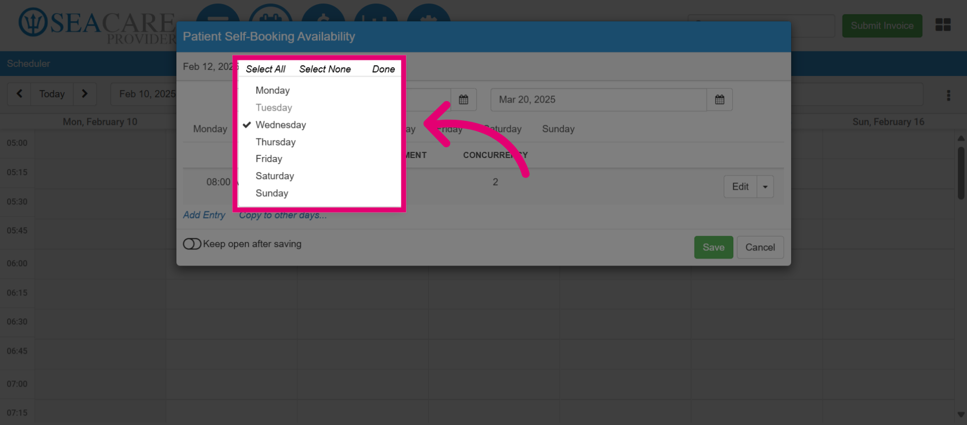 Select the days to copy