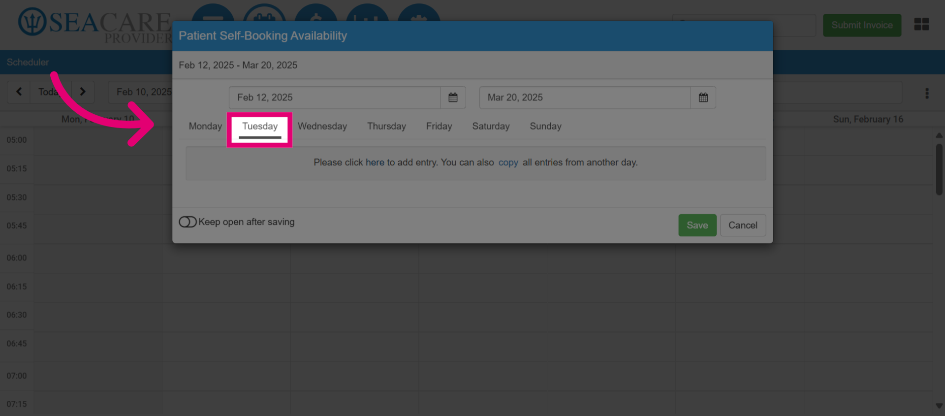 Select the 'day' for appointments