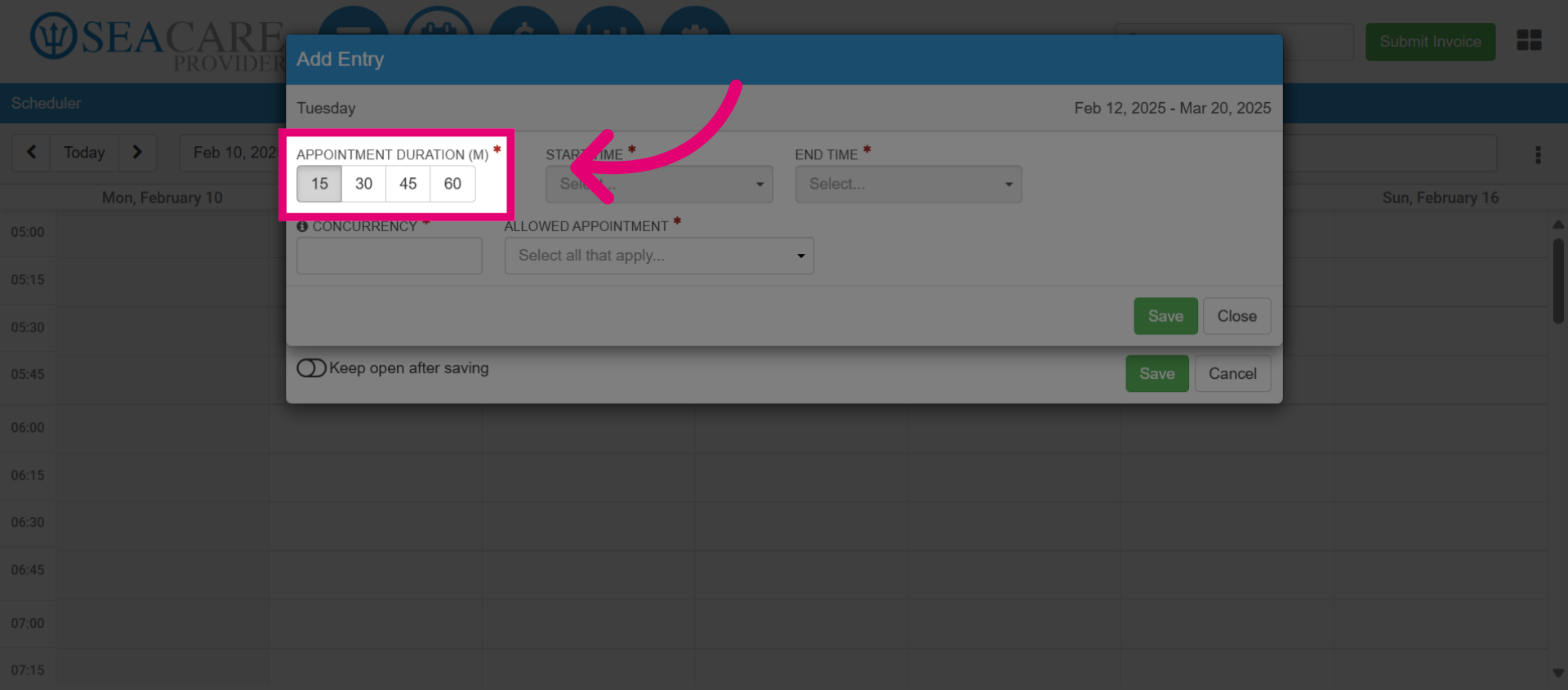 Select the 'Appointment Duration'