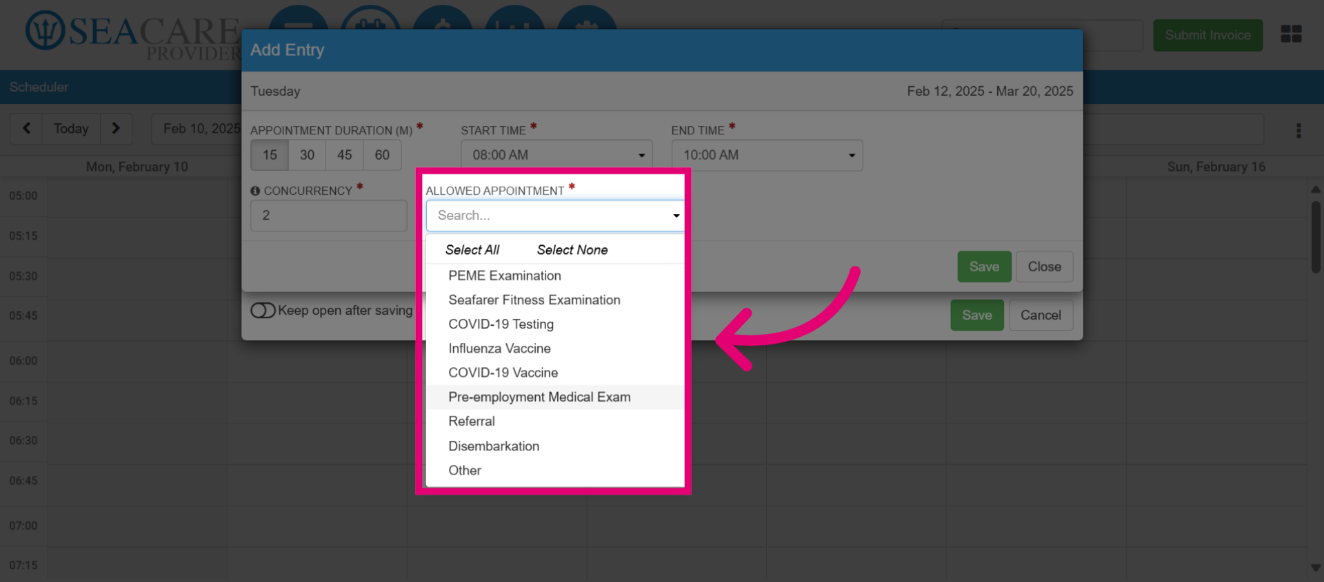 Select the 'Allowed Appointments'