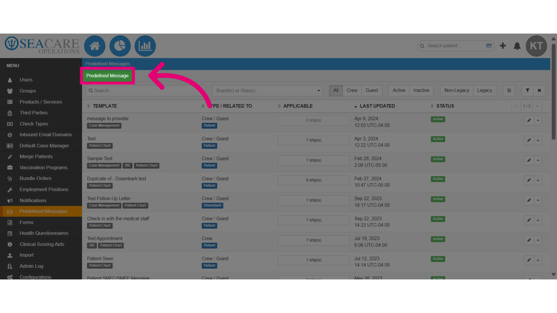 Select the green 'Predefined Message' tab