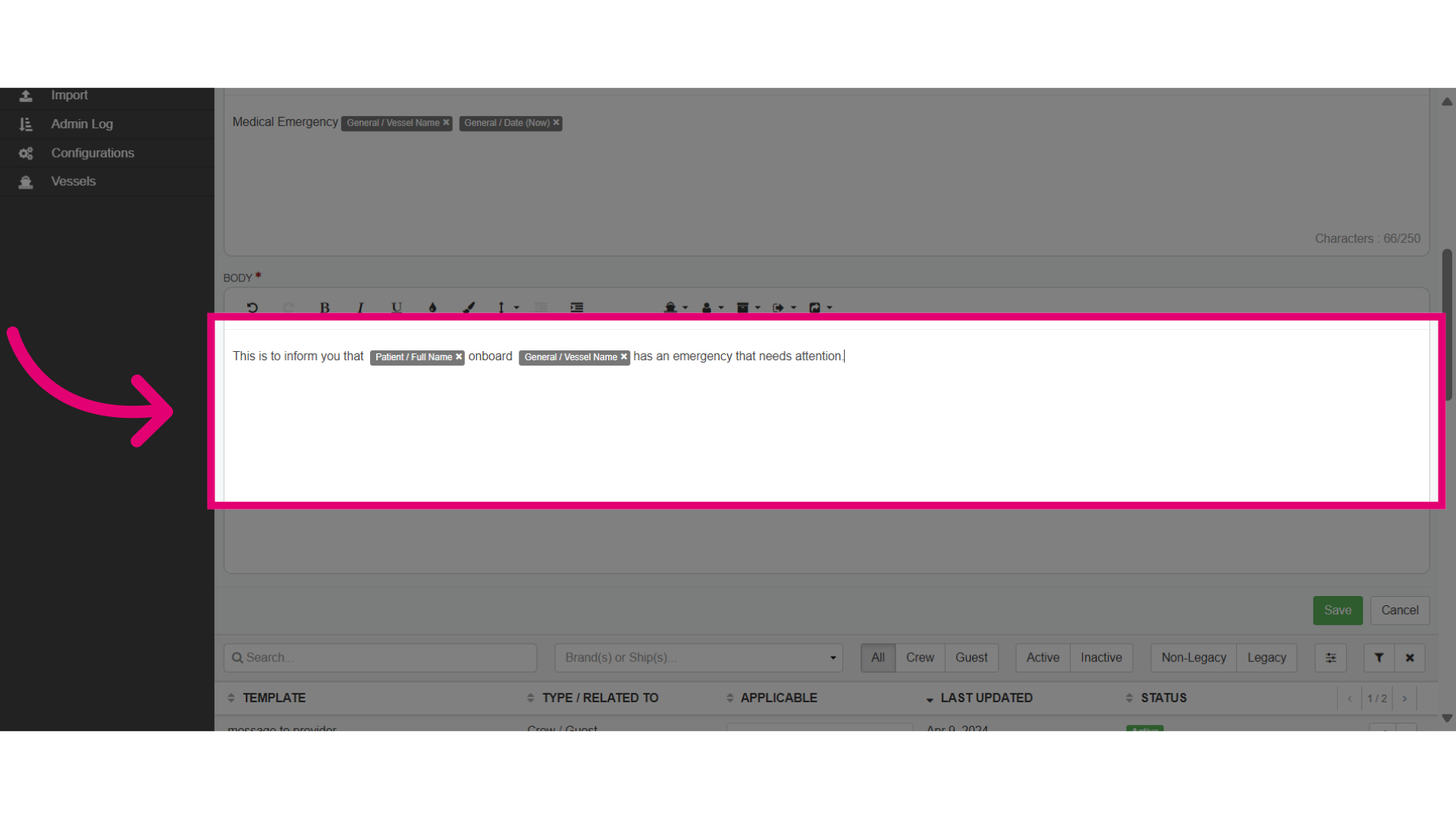 The patient's 'Full Name' Variable and 'Vessel' auto-populates