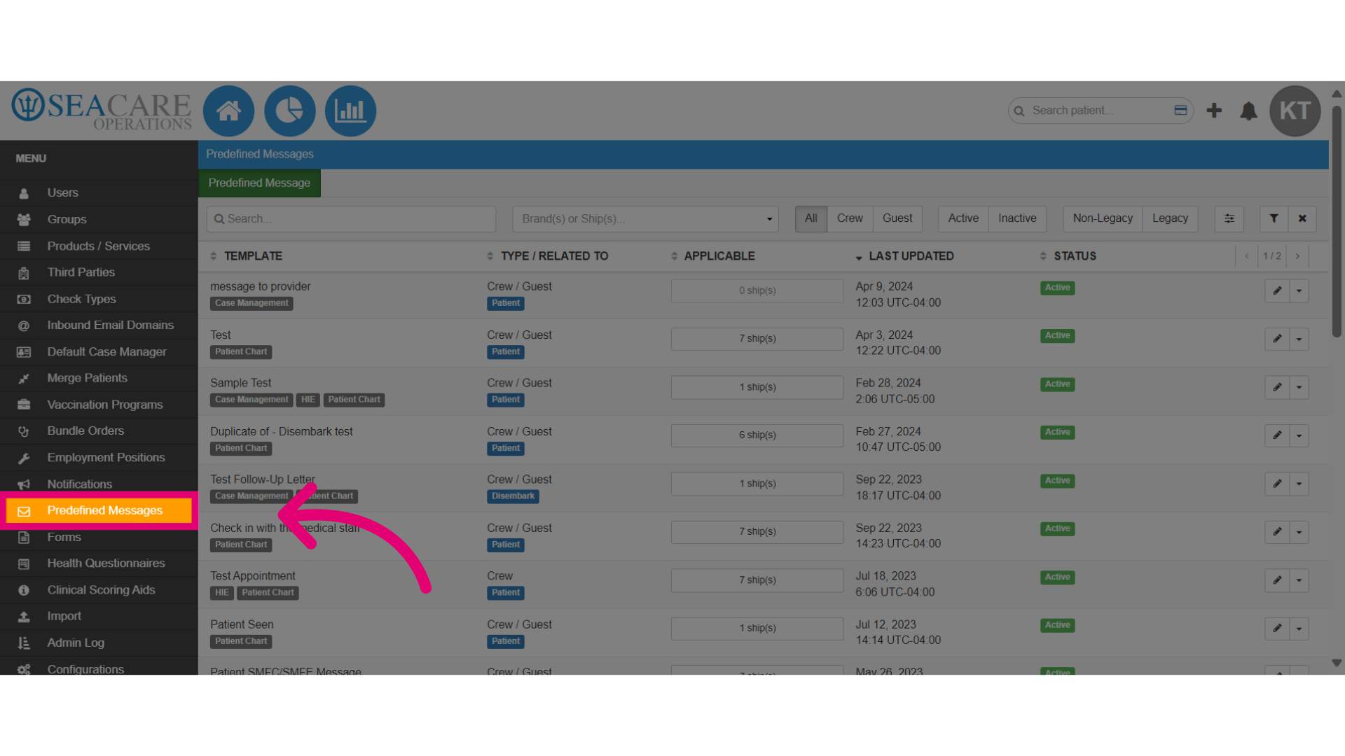 Go to the 'Predefined Messages' module in the 'Admin' menu
