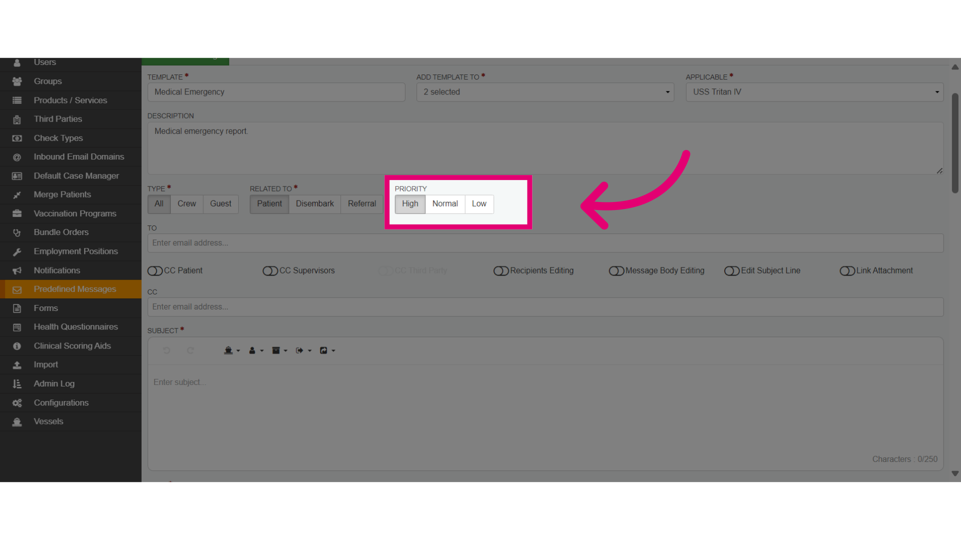 Select the priority level for the message