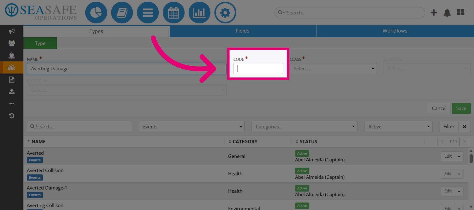 Click on the Code Field