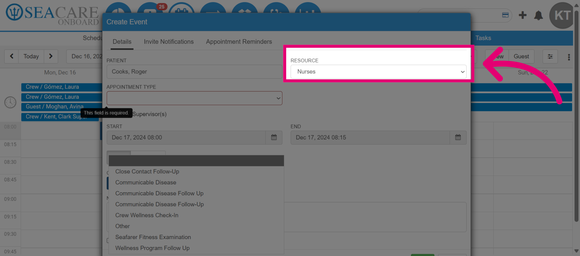 Select the 'Resource' for the call