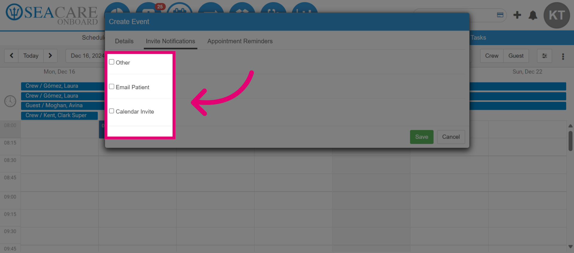 Choose recipients to send an invite notification to
