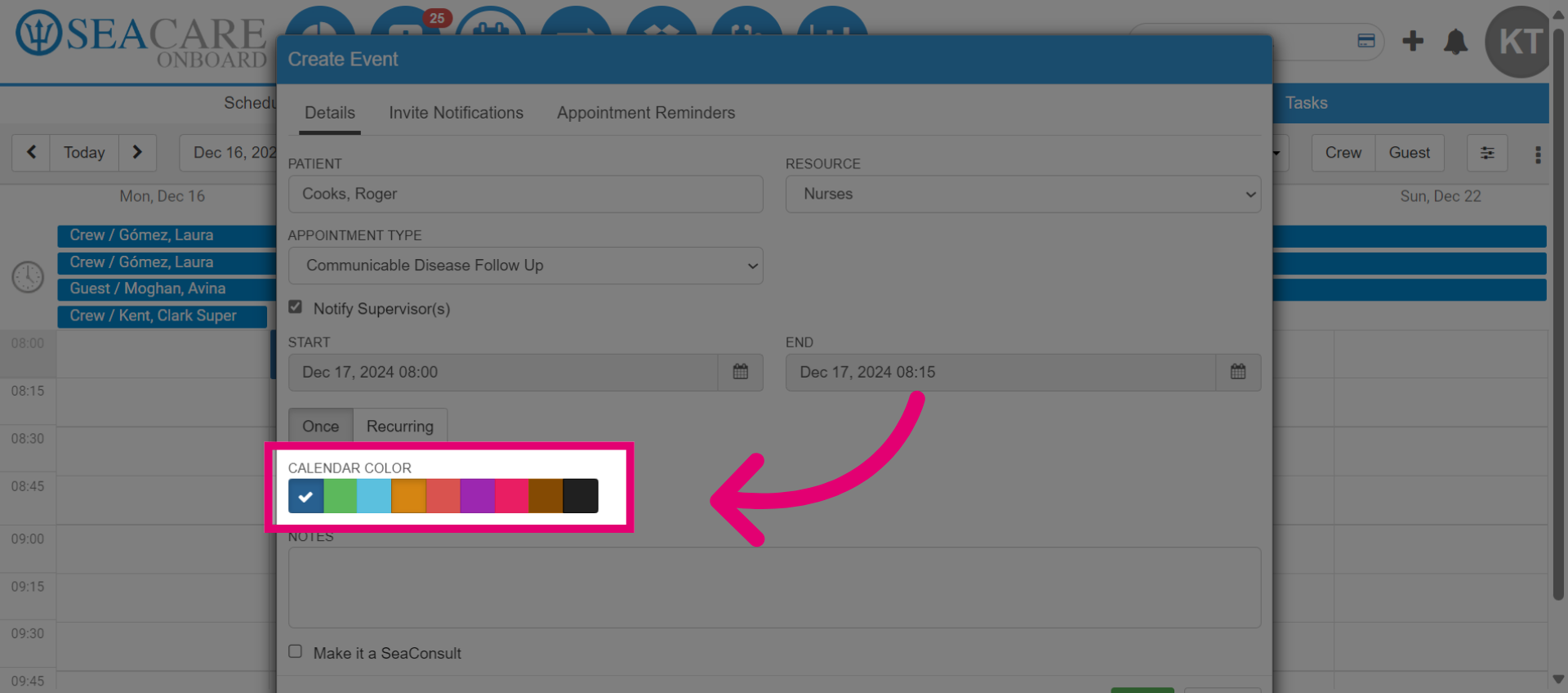 Choose a 'Calendar Color' to assign a color to the appointment