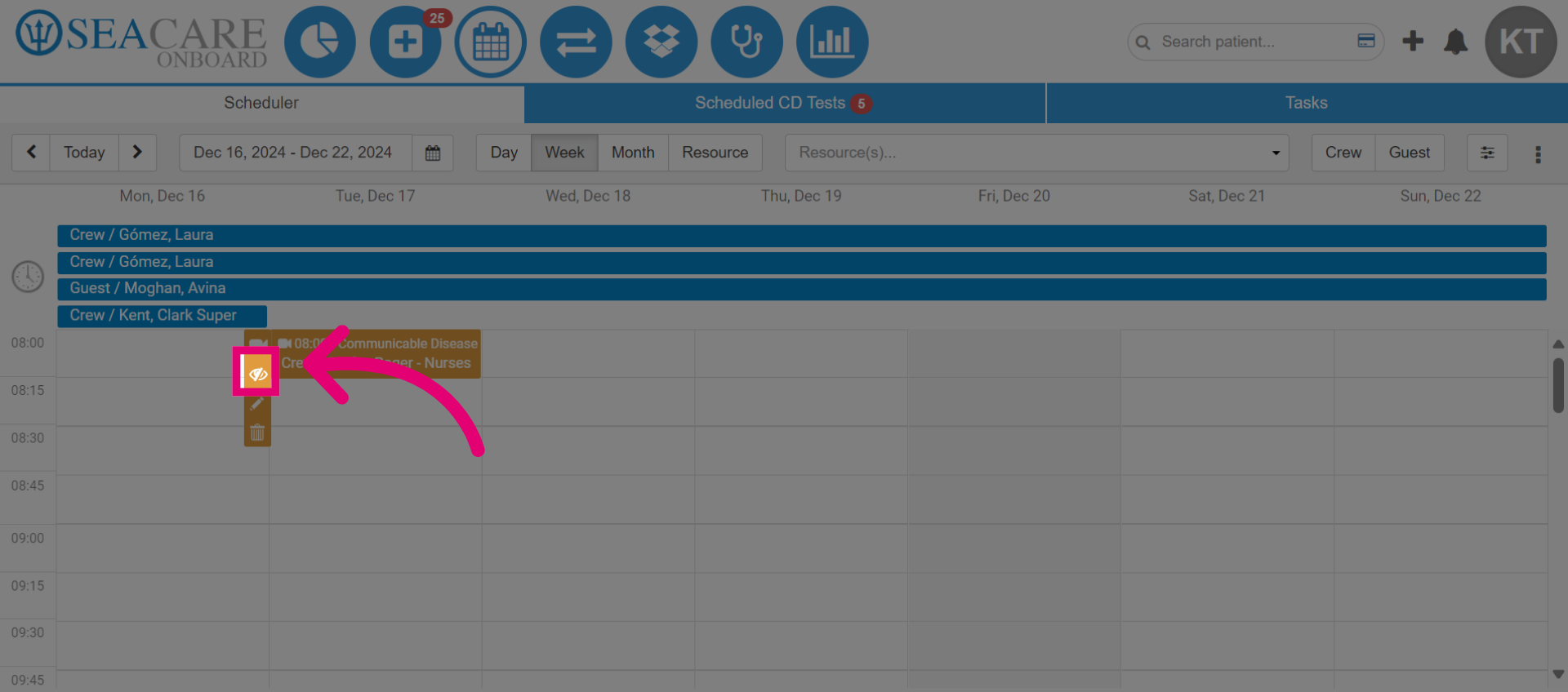 Select the eye button to mark as a missed appointment