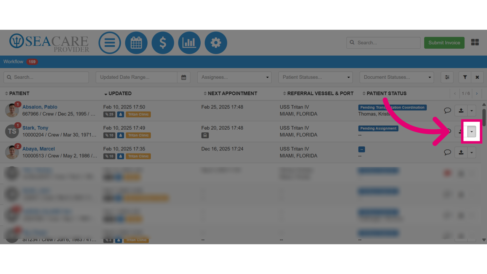 Locate the patient and select the Actions menu