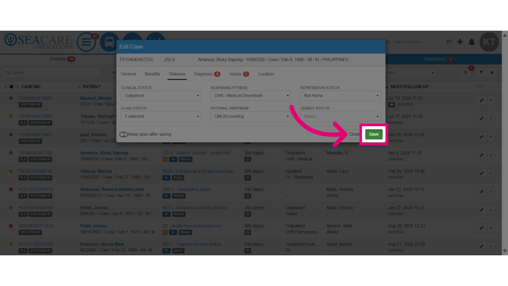 Select 'Save' to save all statuses updates