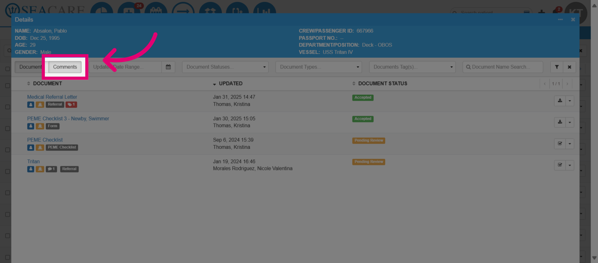 Select 'Comments' to view comments