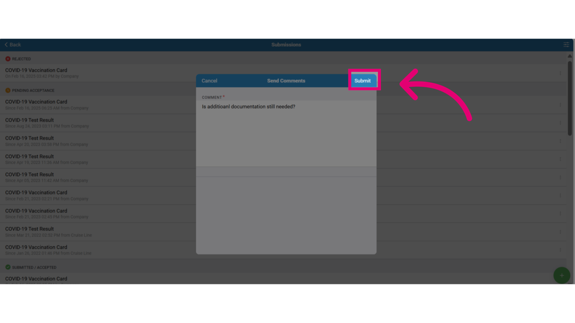 Select 'Submit' to send your comment