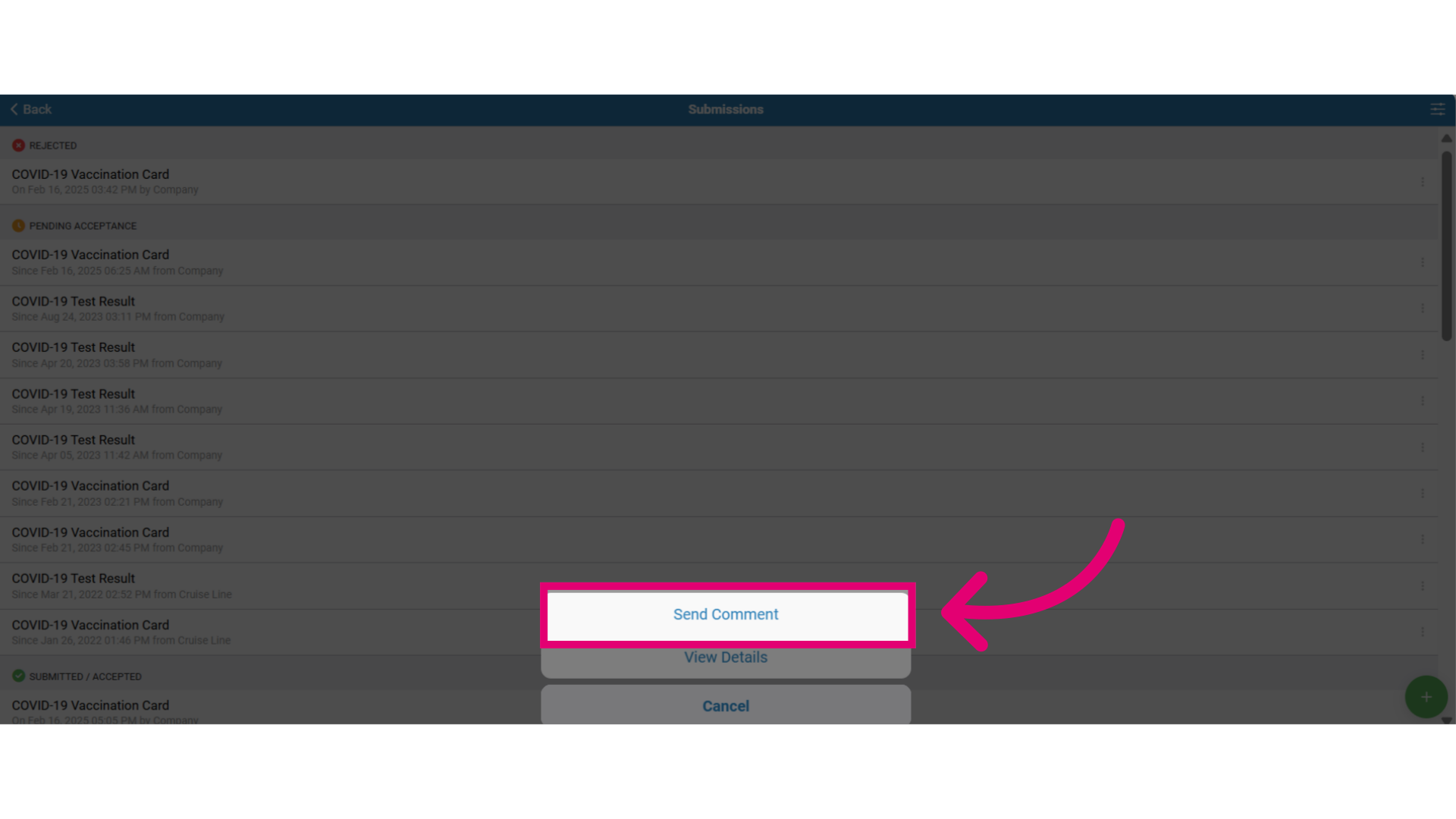 Send a comment to communicate a message related to the document