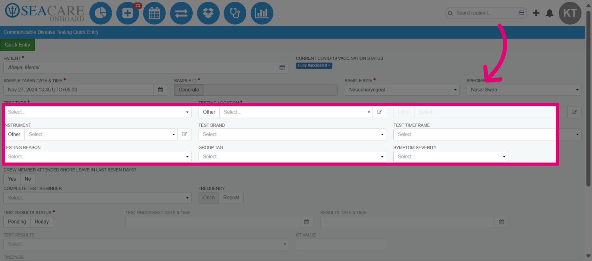 Add the Testing Reason, Group Tags, and Symptom Severity