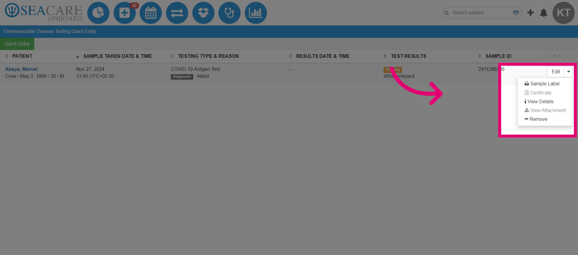 View details, sample label and remove