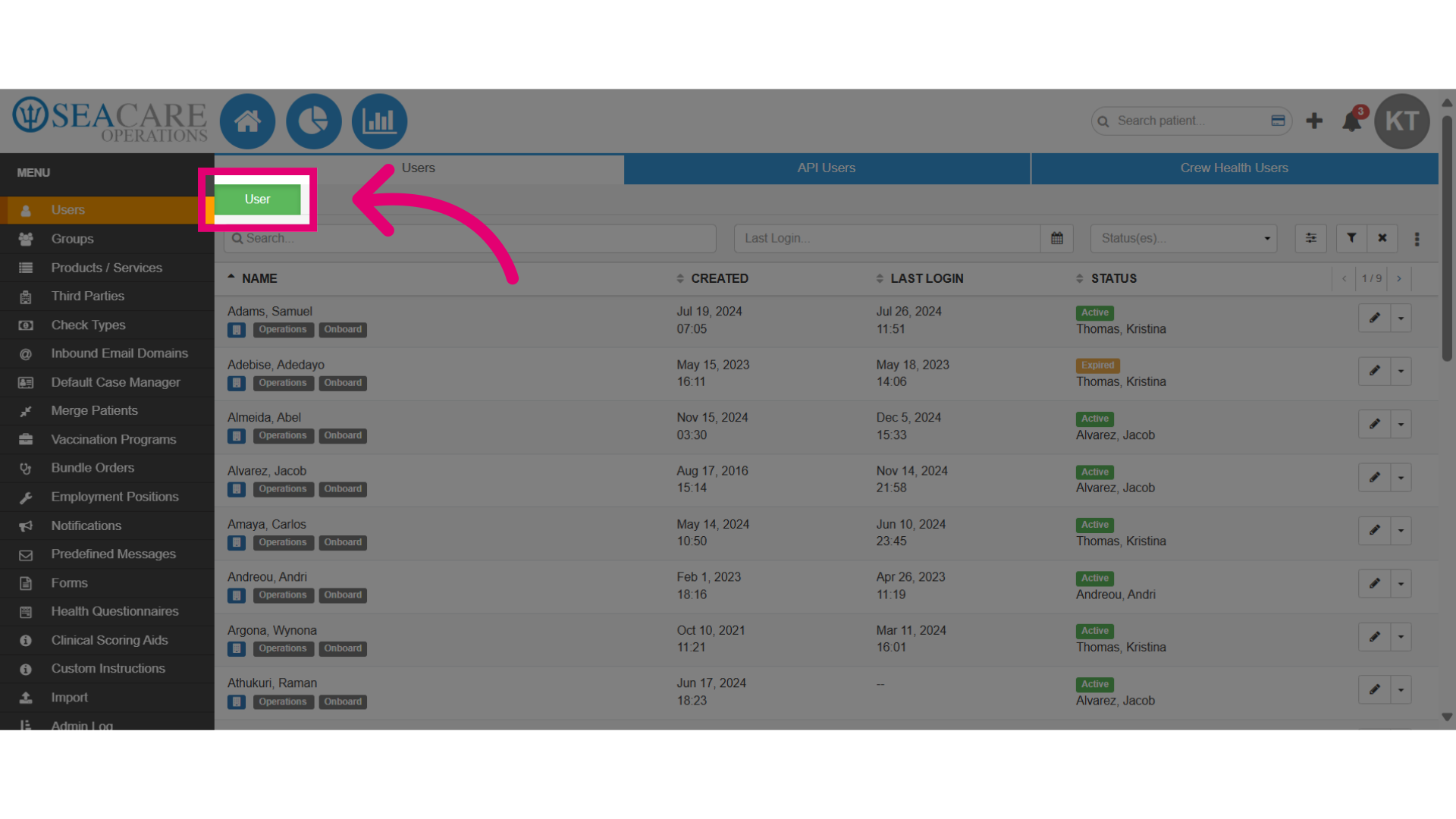 Select the green 'User' button