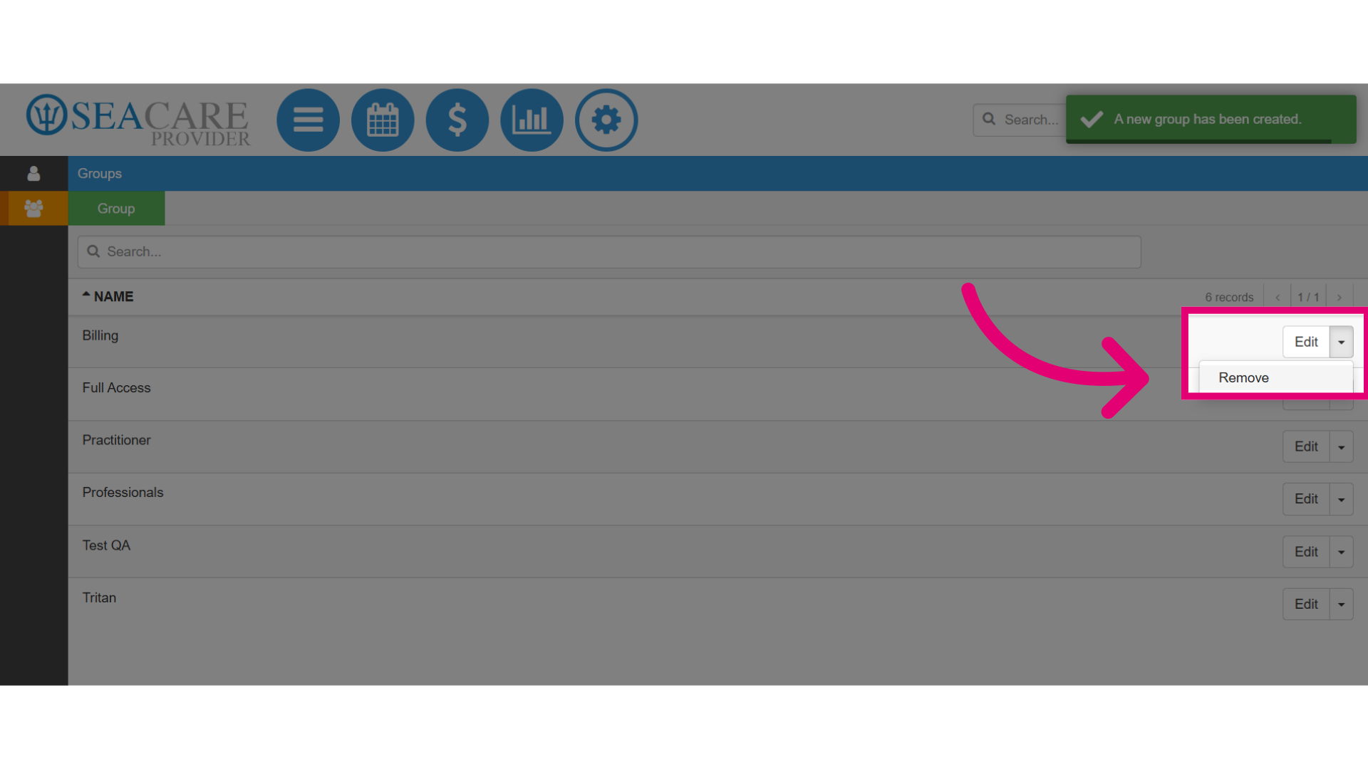 'Edit' or 'Remove a group