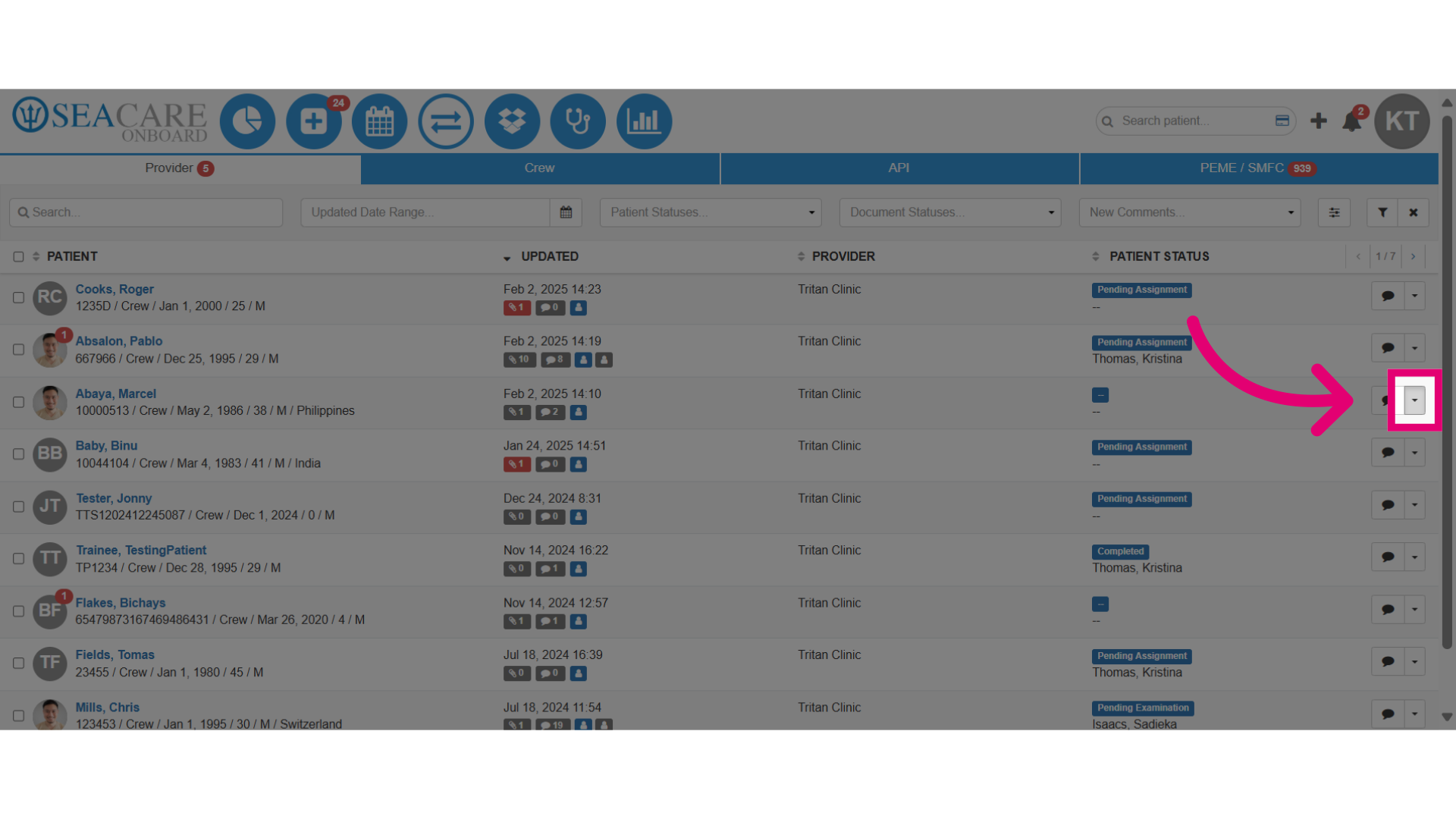 Locate the patient and select the Actions button