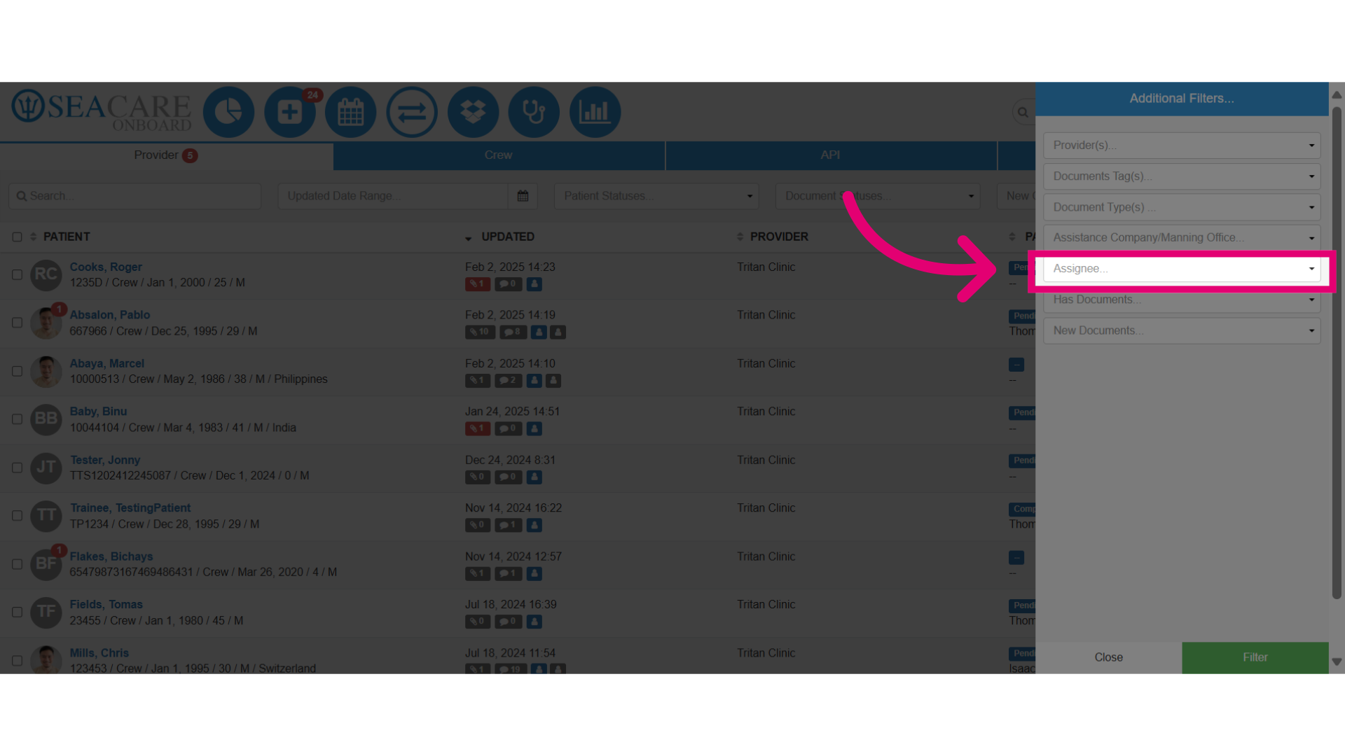 Enter the user in the 'Assignee' filter