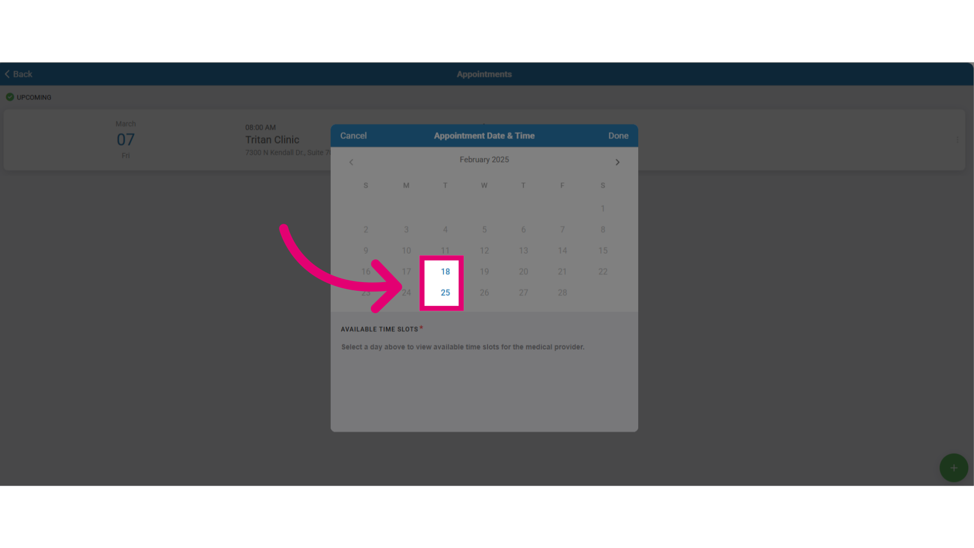 Select an available date slot on the calendar