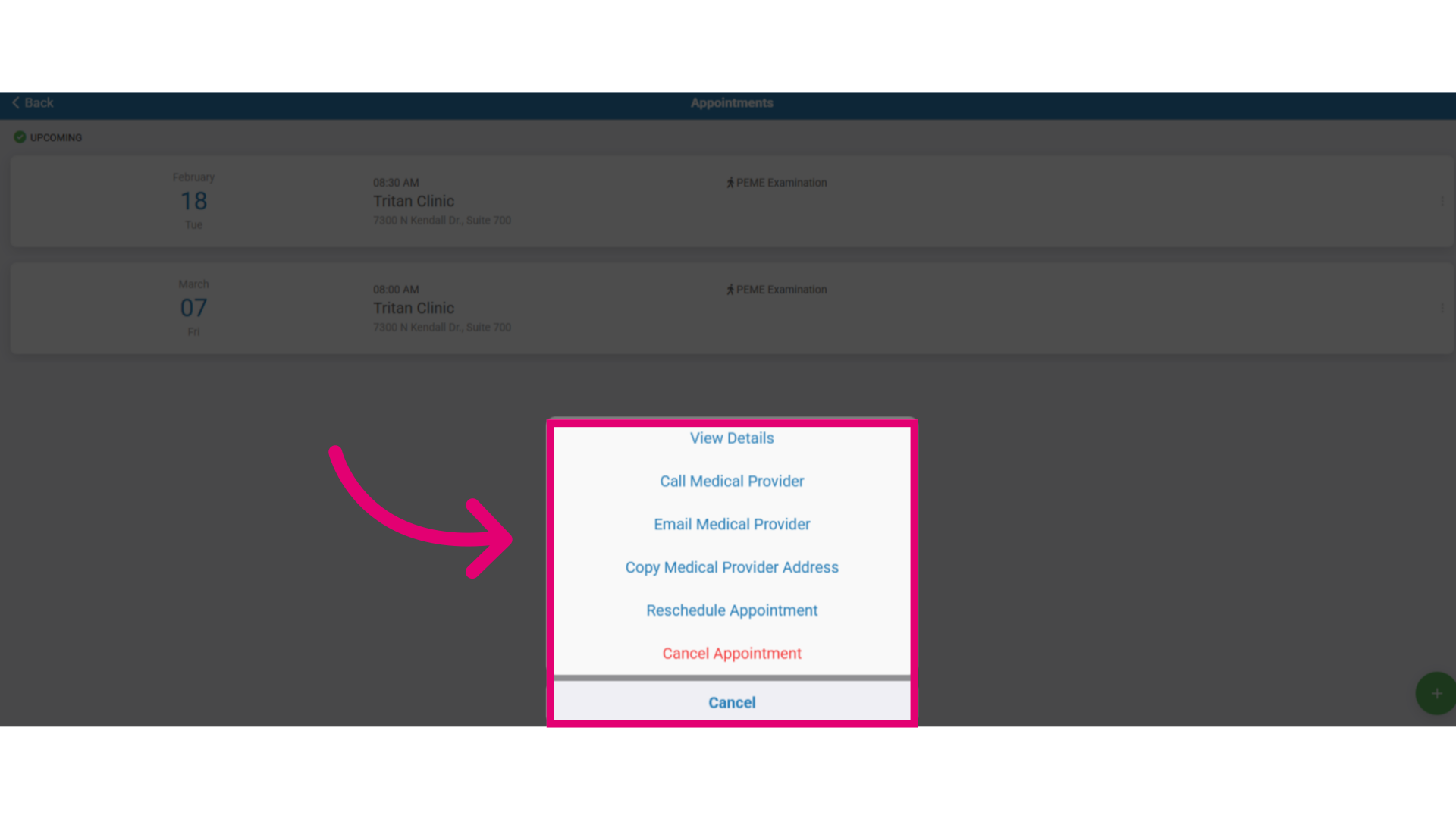 Manage the appointment using these options
