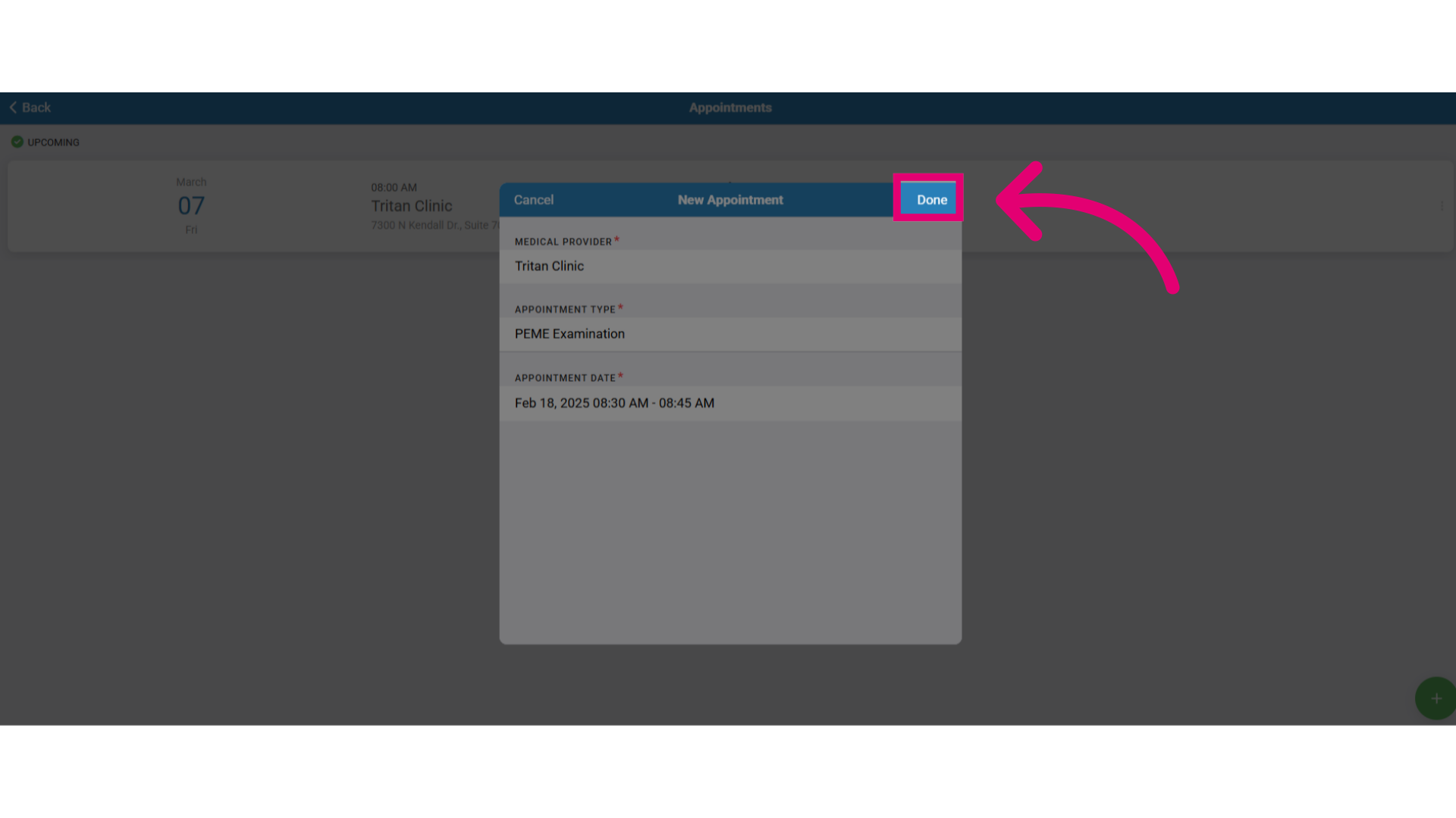 Select 'Done' to schedule the appointment