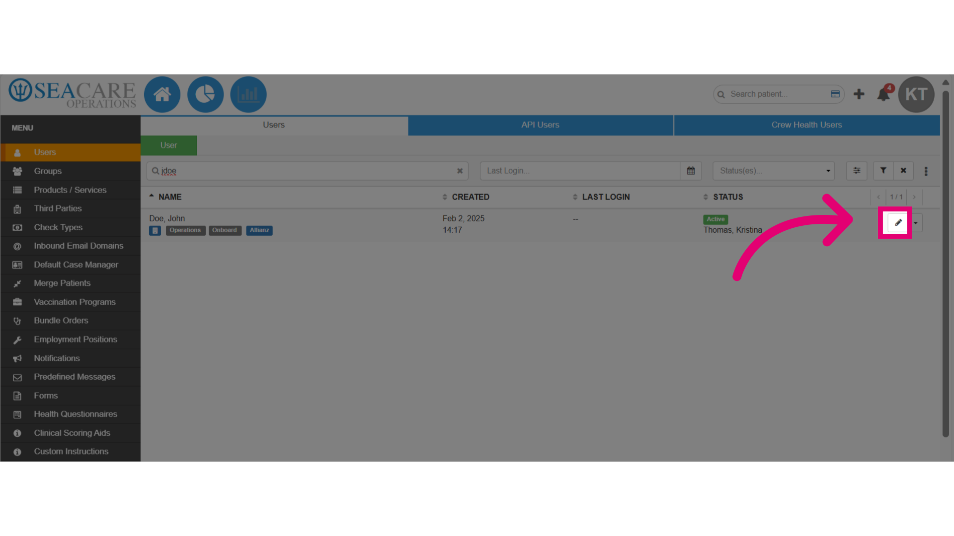 Locate the user and select the 'Edit' button