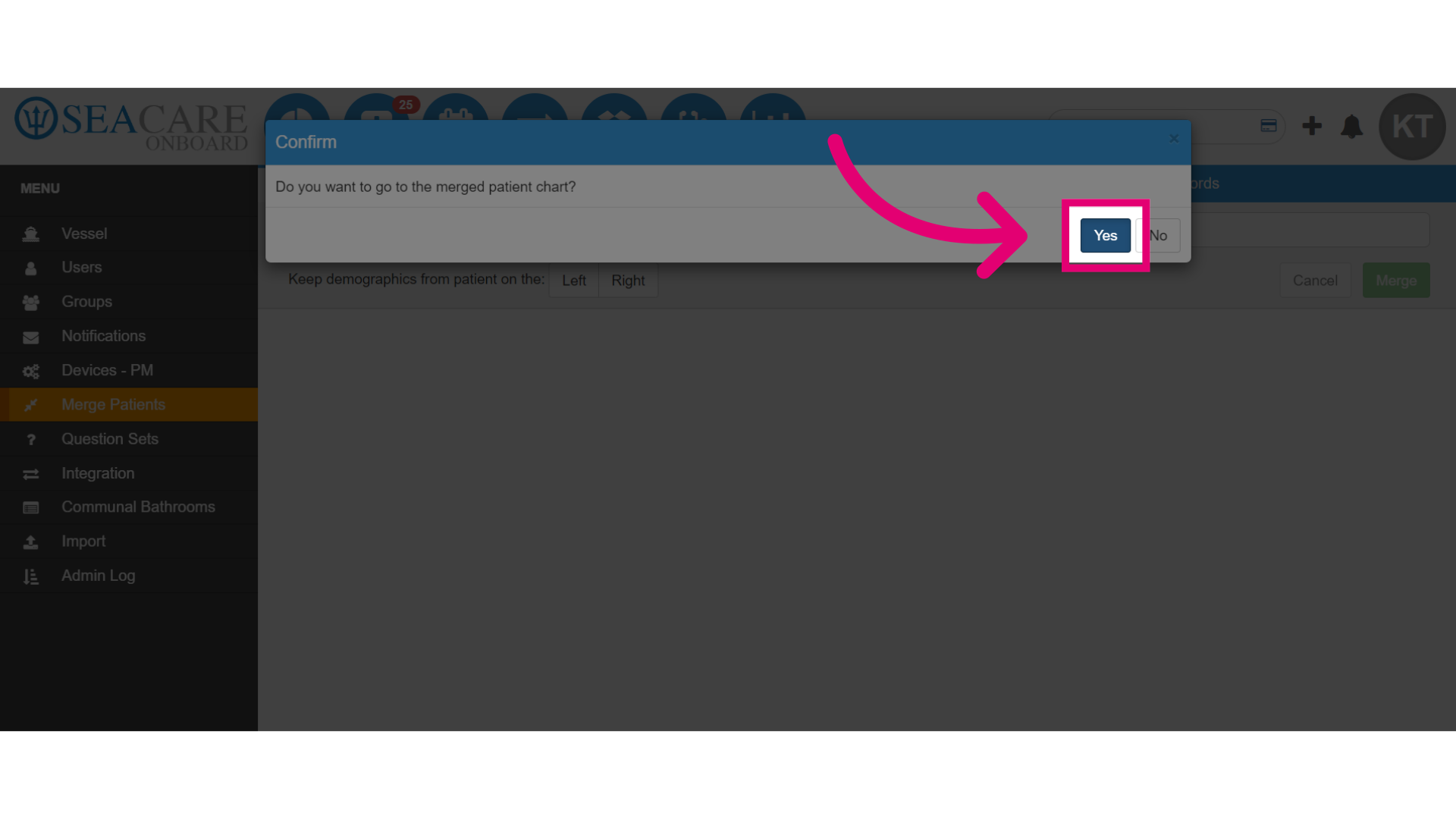 Select 'Yes' to go to the merged patient chart