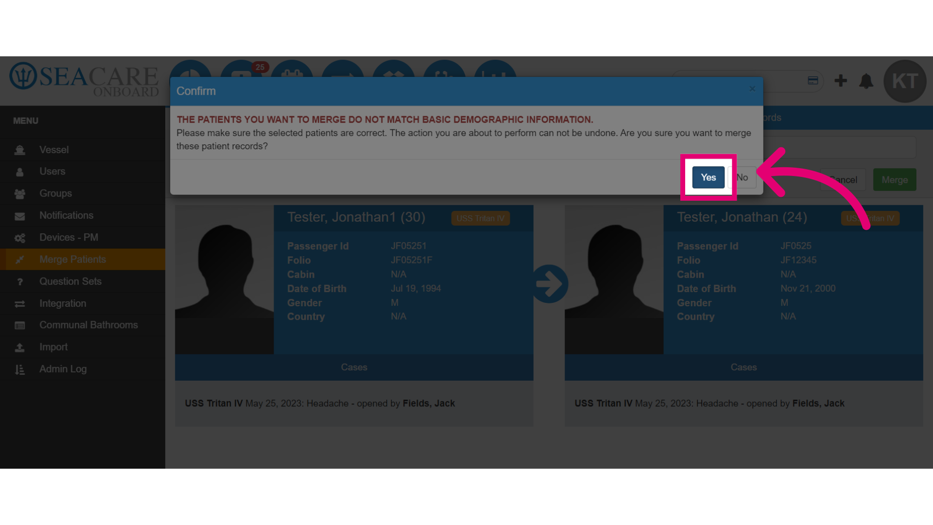 Select 'Yes' to confirm the action