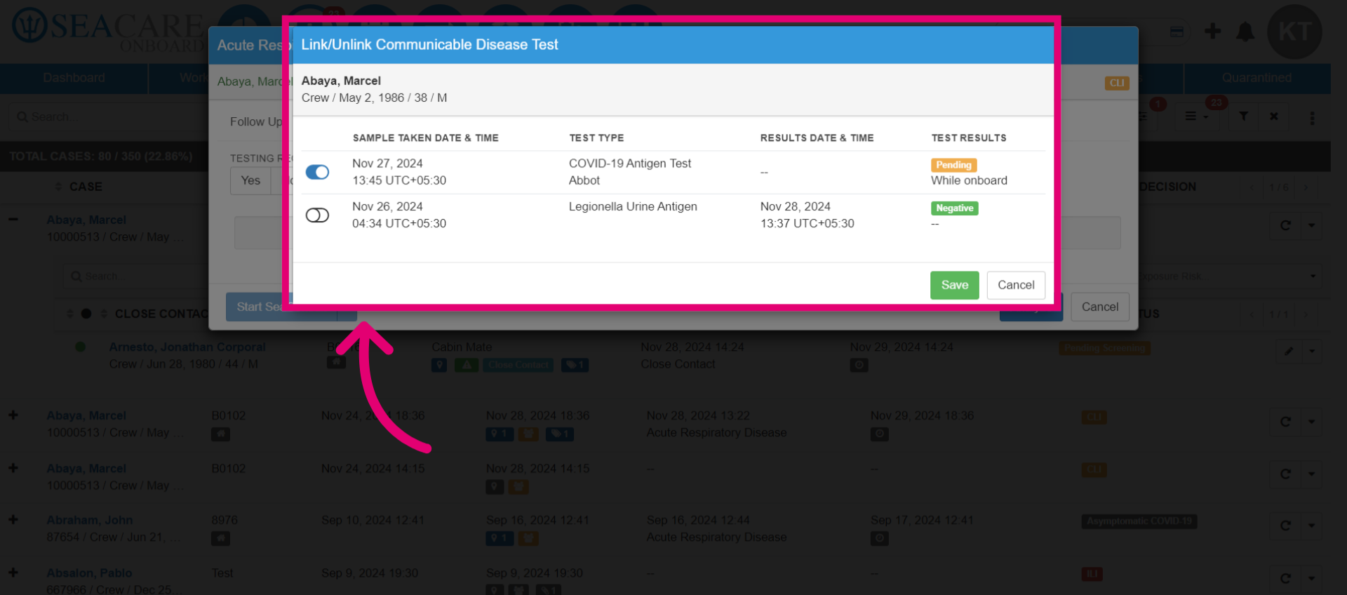 Use the toggle for pending tests, then click 'Save'