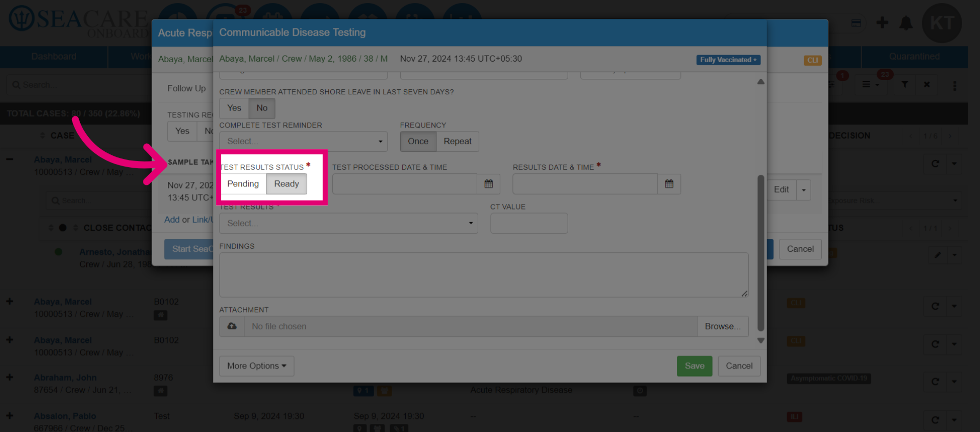Select the 'Test Result Status'