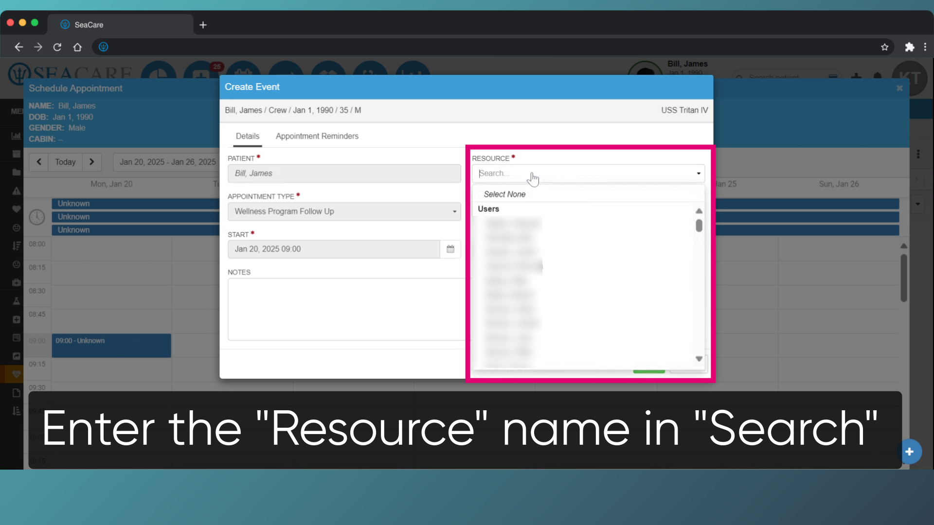 Enter the 'Resource' name in 'Search'