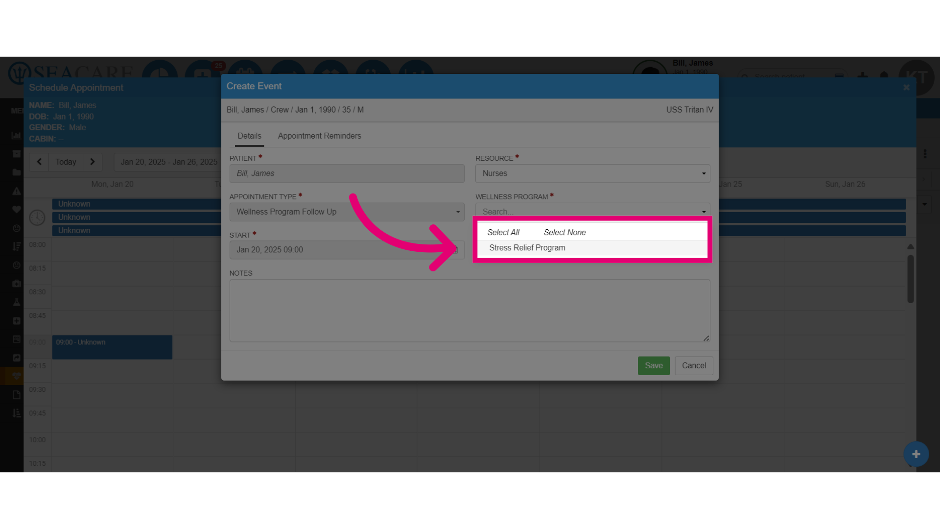 Select the program for the appointment