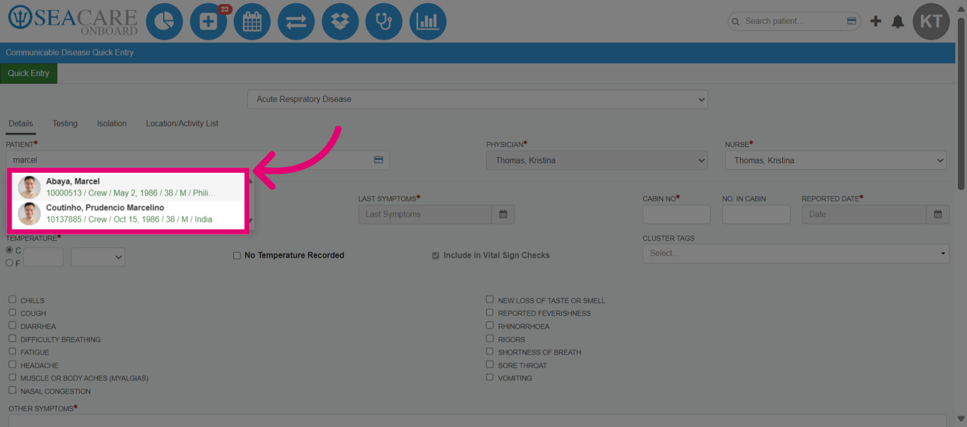 Locate the patient in the search bar