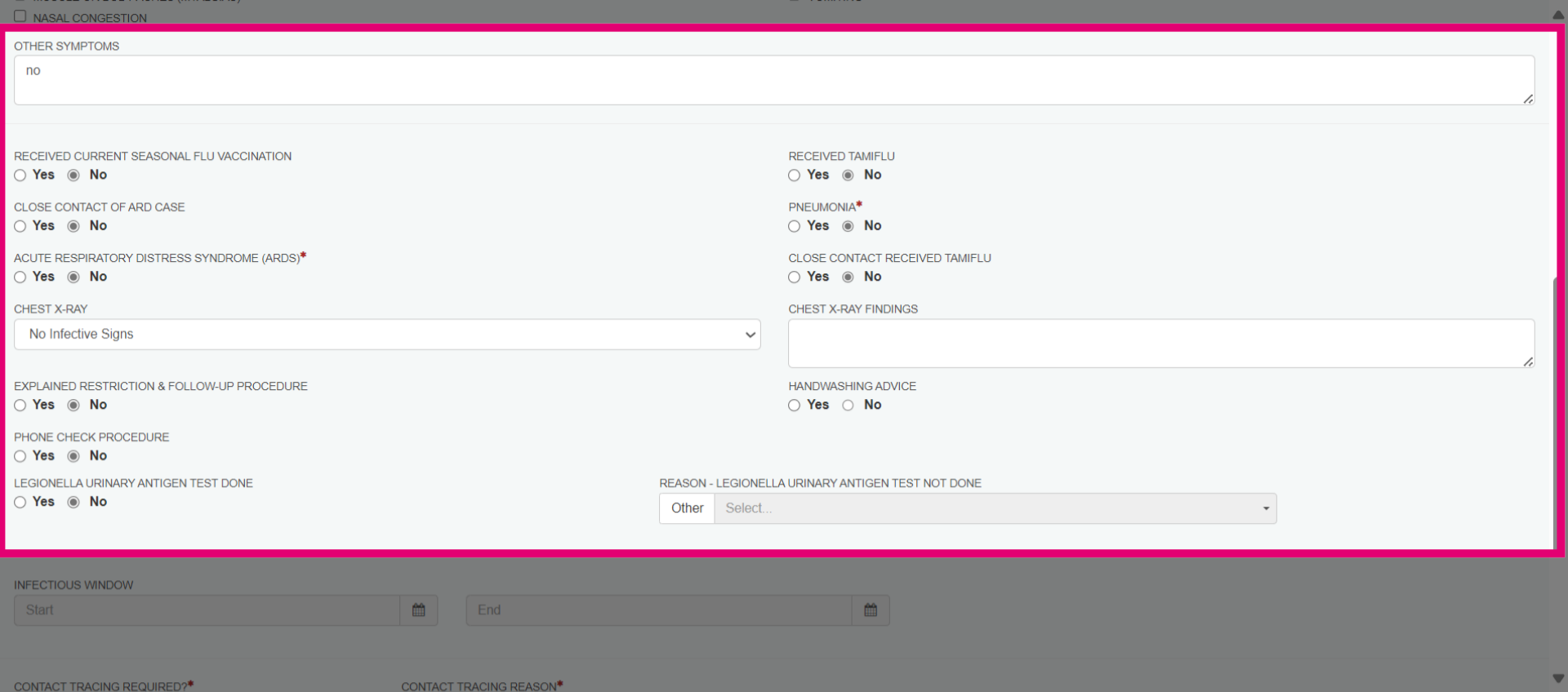 Fill in the other symptom fields