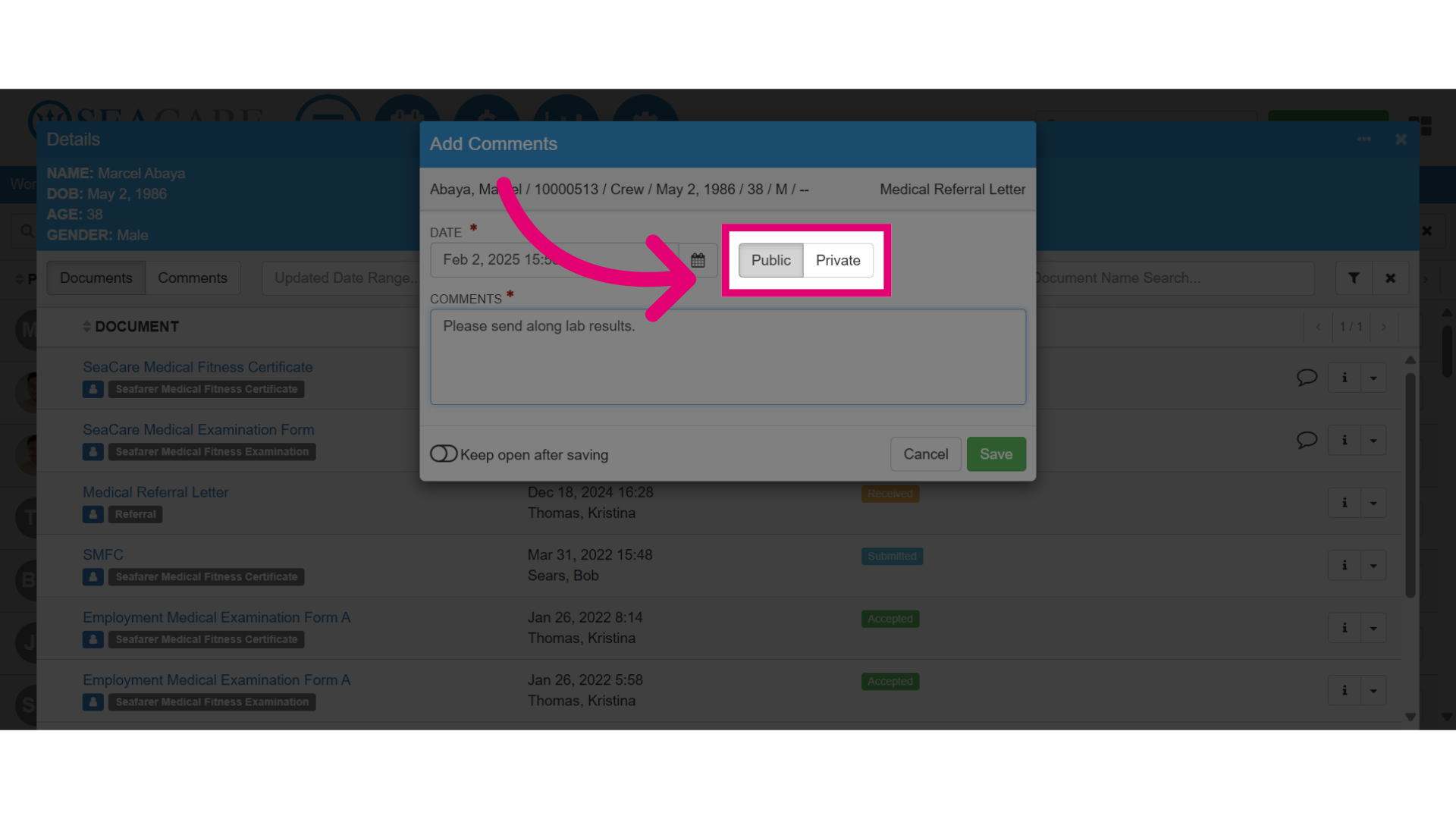 Select to make the comment 'Public' or 'Private'