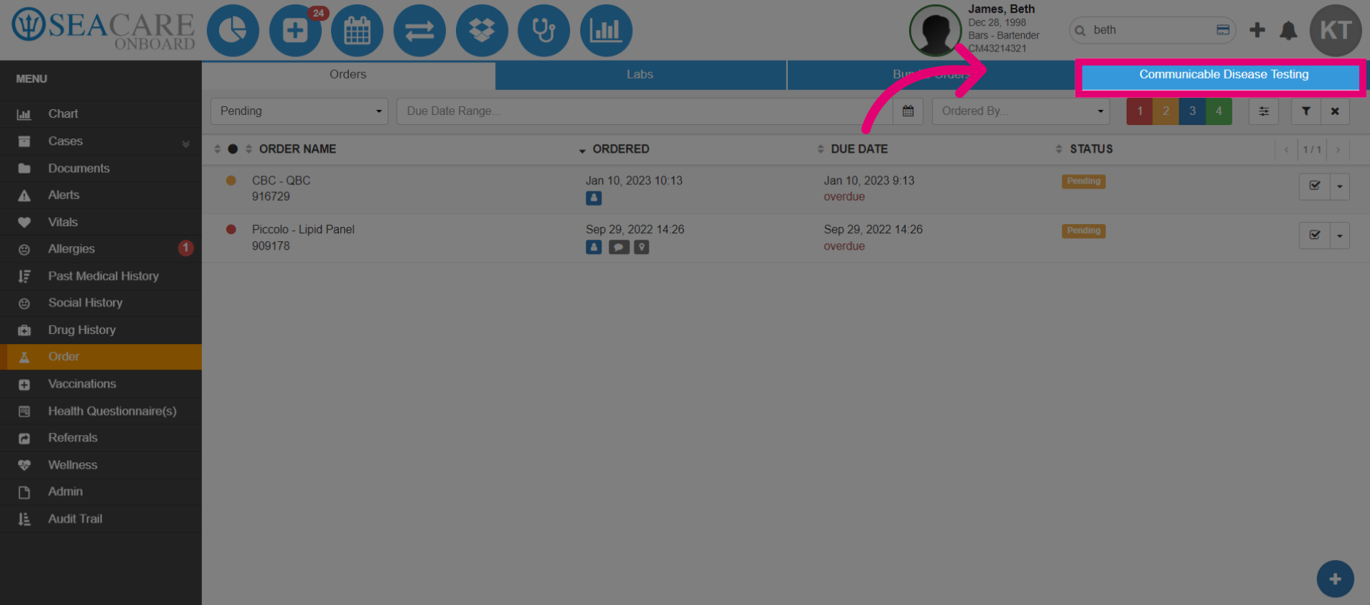 Select 'Communicable Disease Testing'