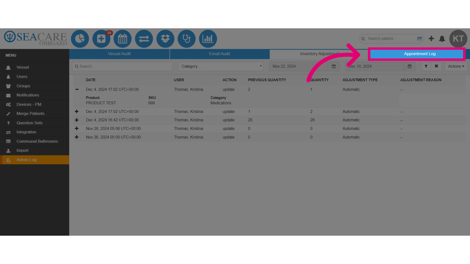 Select 'Appointment Log'