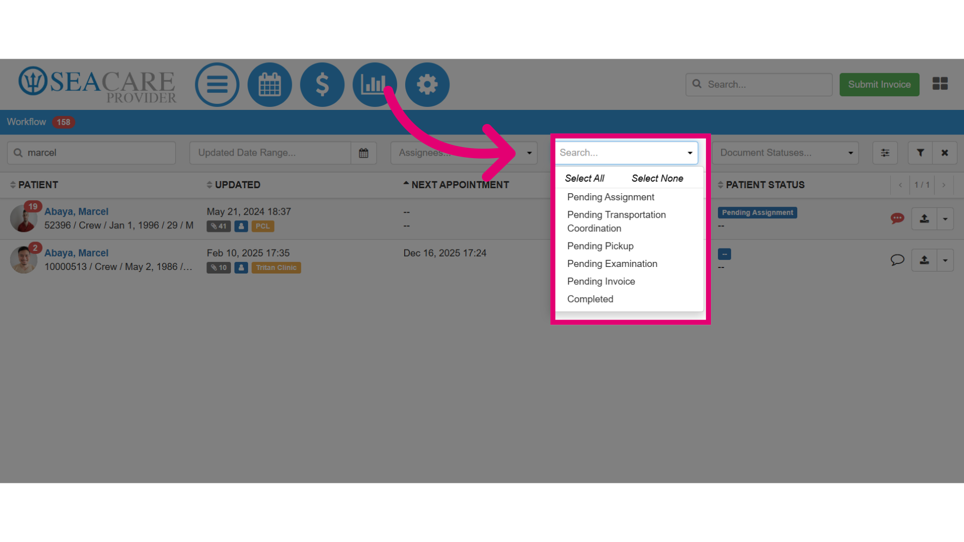 Search by 'Patient Status'