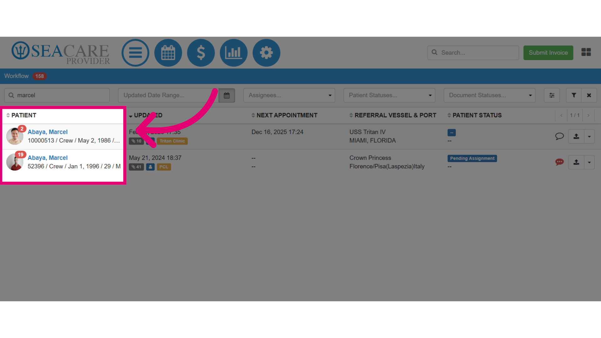 View the search results in the patient list