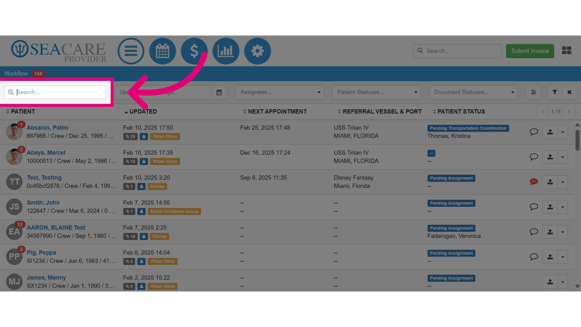 Locate a patient using 'Search'