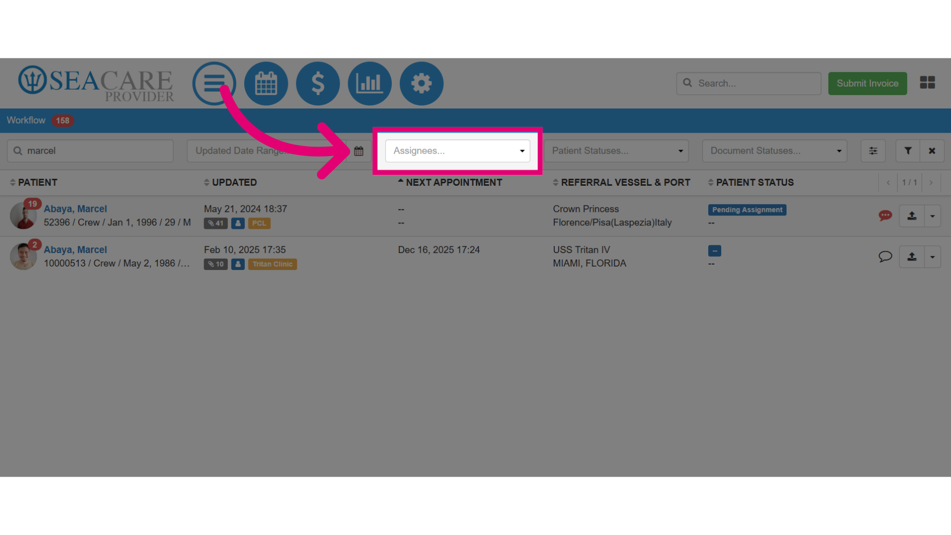 Use the 'Assignee' filter to view assigned patients