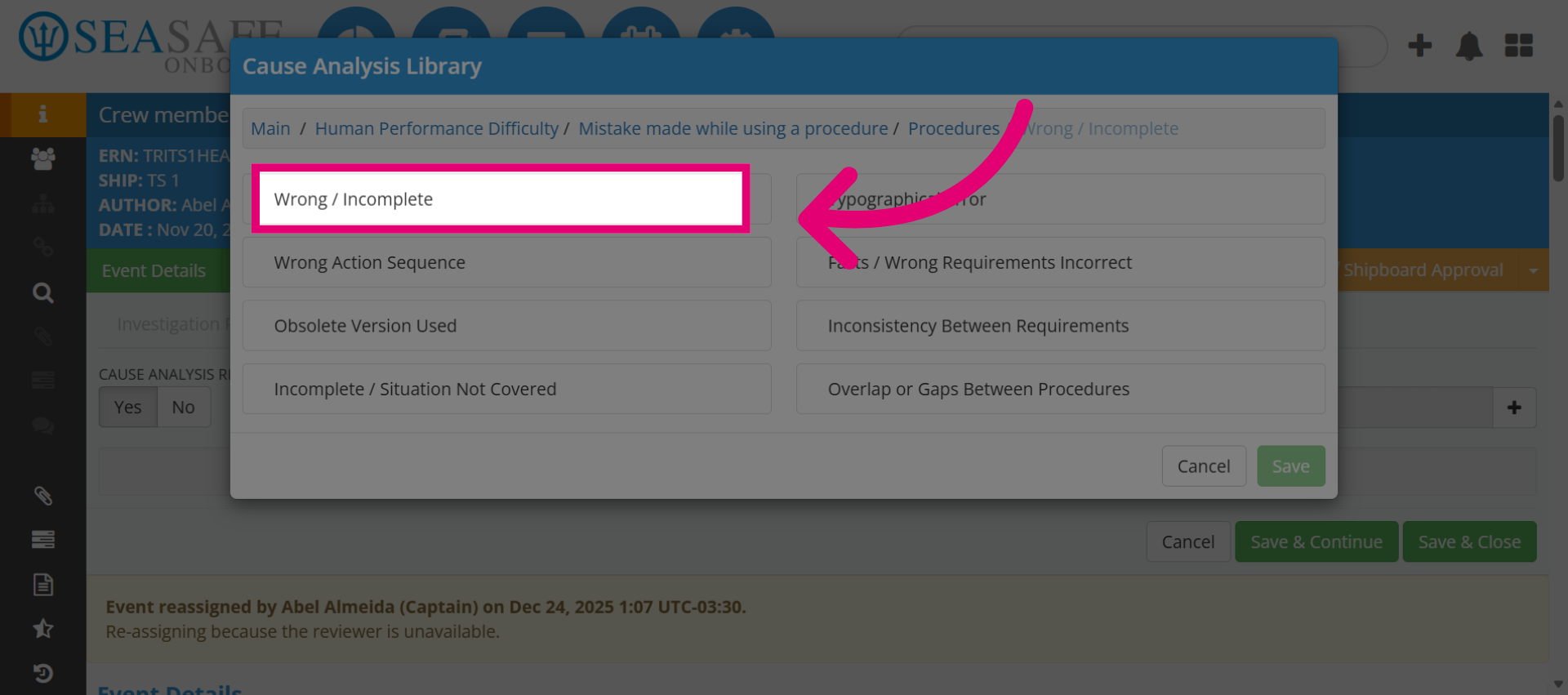 Confirm Wrong or Incomplete Selection