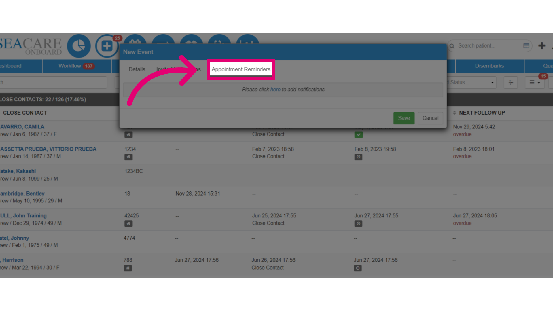 Set reminders in the 'Appointment Reminders' tab