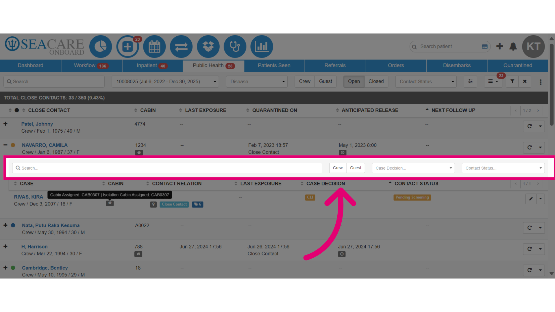 Use the search and filter options to locate a case
