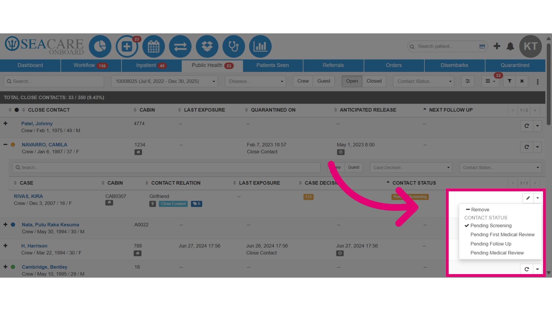 Update the 'Contact Status' for the close contact