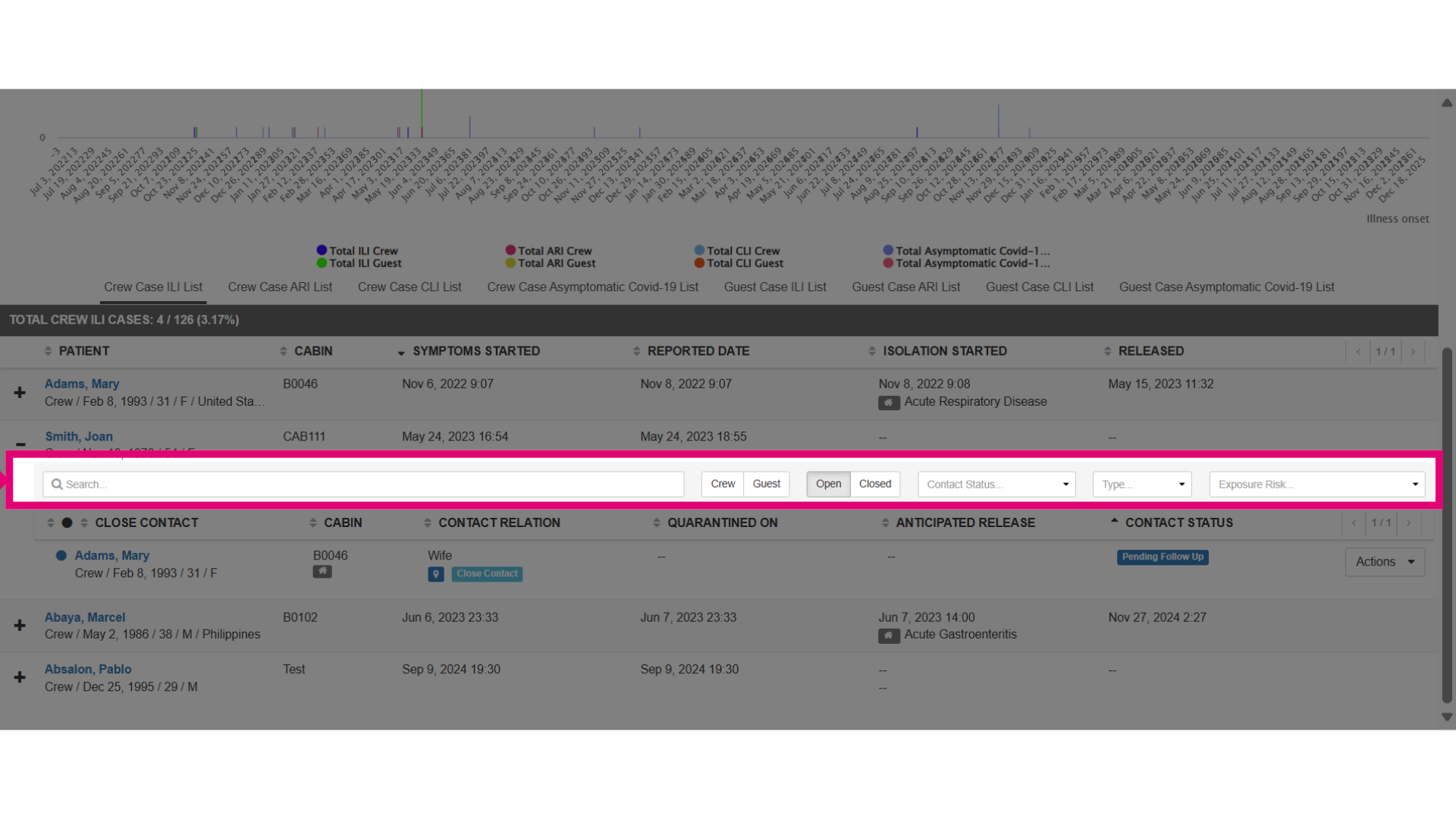 Use filters to search the Close Contact List