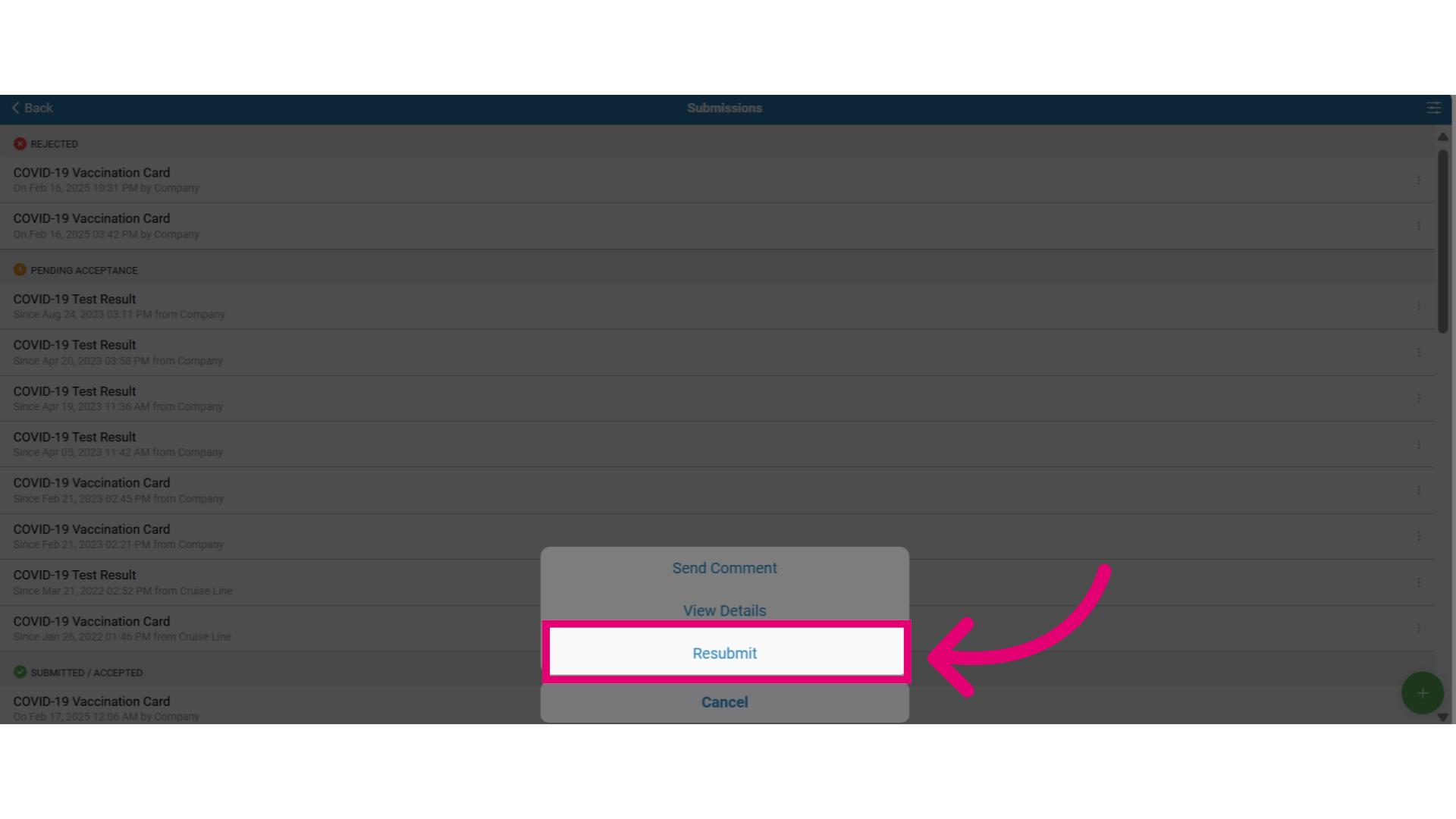 Prepare the correct document and click on the document then select 'Re-submit'
